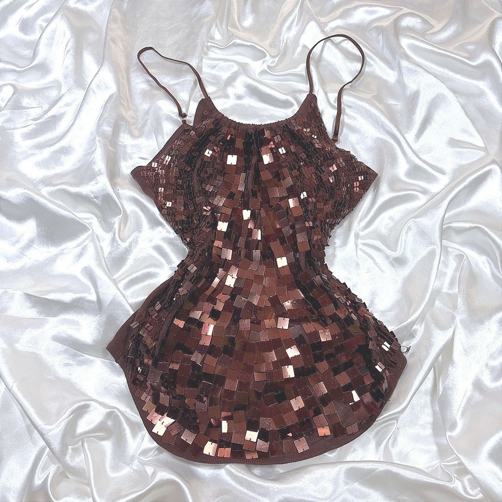 y2k Cami Brown Good rue21 Square Sequin Silk Blend Spaghetti Strap Tank Top
